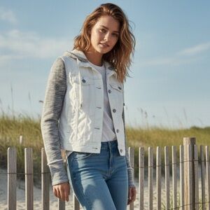 Free People Women's White Distressed Denim with Gray Hood & Sleeves Jacket
